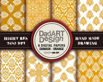 Golden damask patterns, 8 sheets digital paper pack, hi res files, instant download
