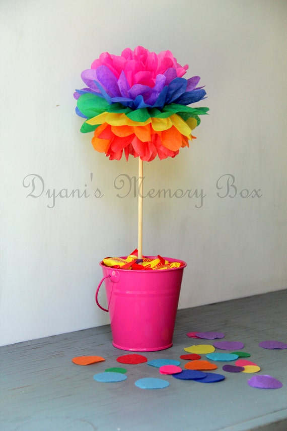 Set of 12 Rainbow Tissue Paper Pom Poms with Wood Dowel / Wedding Decor ...