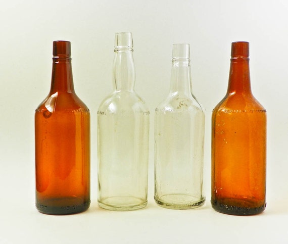 Four Vintage Alcohol Bottles 4/5 Quart Brown Clear Glass