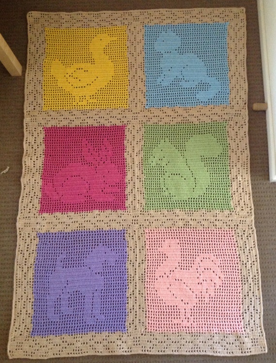 Filet Crochet Animal Squares Blanket