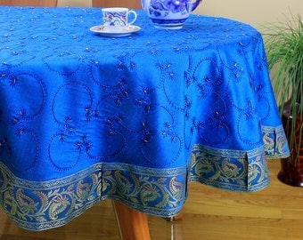 Hand Embroidered Round Tablecloth (Ocean Blue, 85" Round)