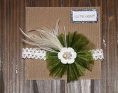 Baby/Little Girls Green Flower Handmade Headband with Feather Detail Pearls and Rhinestones Christmas