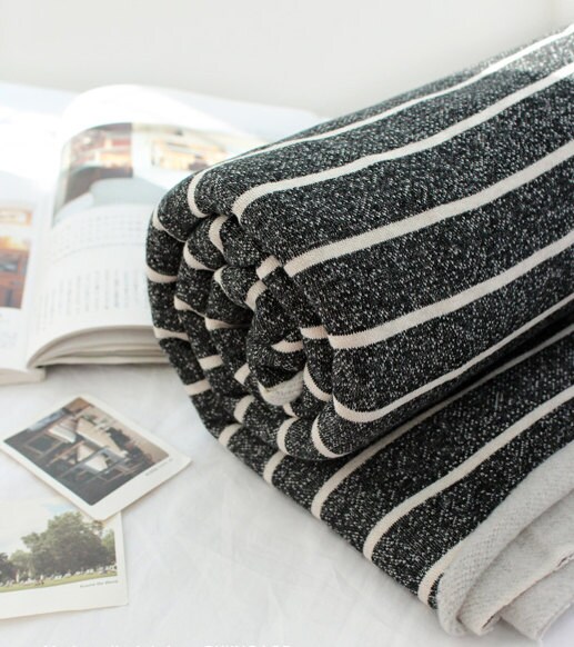 Brushed French Terry Knit Fabric Charcoal & Ivory Stripe