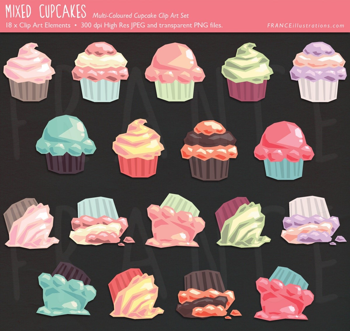 Cupcake Clipart. Cute Kawaii Bright Pastel Cupcake Clip Art