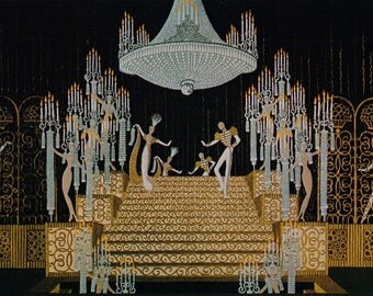 Erté Print Art Deco 1920's Dress Design Original Vintage Art Print 1972 "Zizi Je T'aime" Stage Set Highly Decorative Wall Hanging