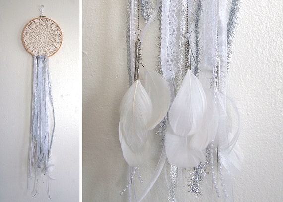 Silver Blue and White Doily Dreamcatcher