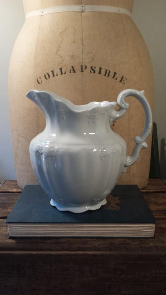 Antique Ironstone Pitcher White Stoneware Water Jug Johnson