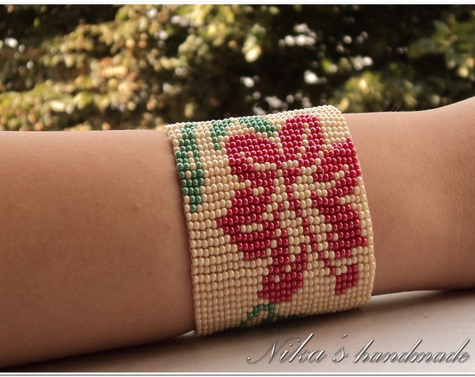 Woven Beaded Вeige Bracelet with Red Flower for Women, made of Czech beads in Ukrainian style