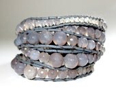 Grey Leather Wrap Bracelet Grey Botswana Agate and Ash Grey Agate and Silver Nugget Beads - Chic Boho Style Beaded Jewelry 005