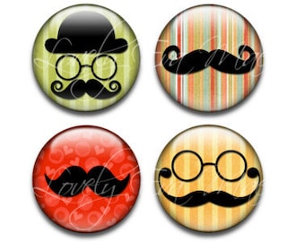 Mustache Magnets, Set of 4, Round Glass Magnets, Circle Refrigerator Magnets, Fridge Magnets