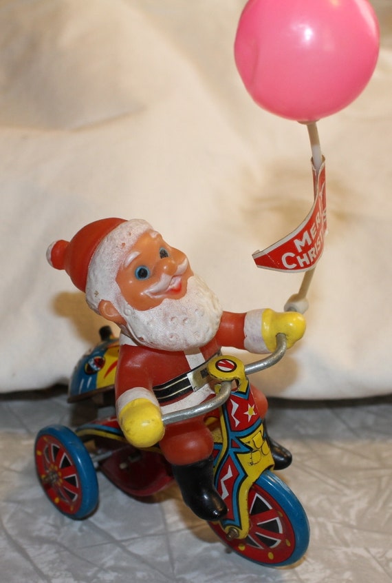 Vintage Mechanical Wind up Santa Tricycle Tin Litho Toy