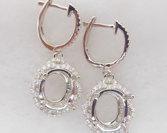 Solid 14K White Gold Oval 8x10MM Fashion Semi Mount Earrings