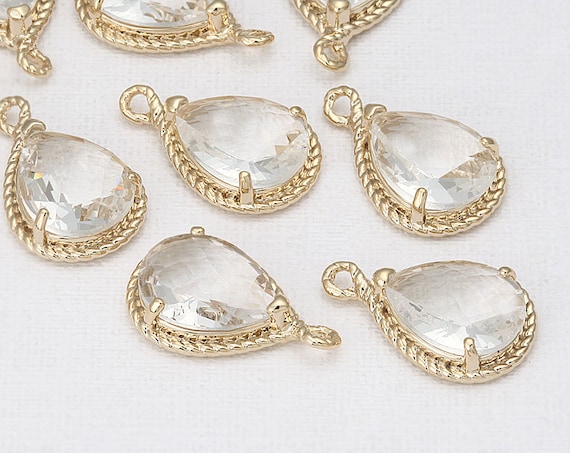 Crystal Glass Teardrop Pendant Polished Gold-Plated 2 Pieces