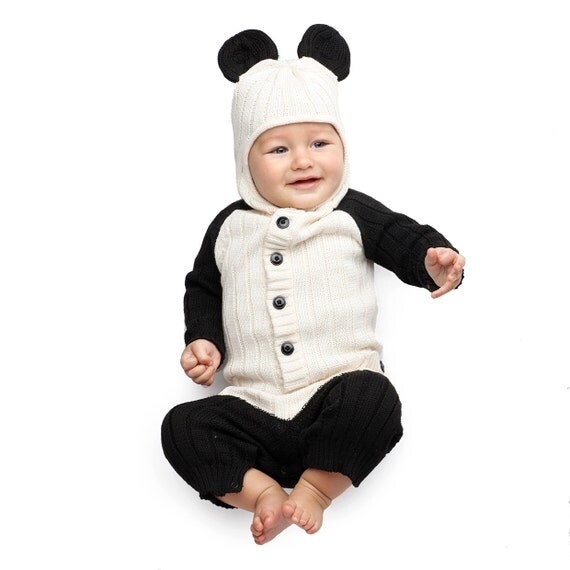 PANDA BEAR Baby Romper for Toddler Handmade Woven Cotton