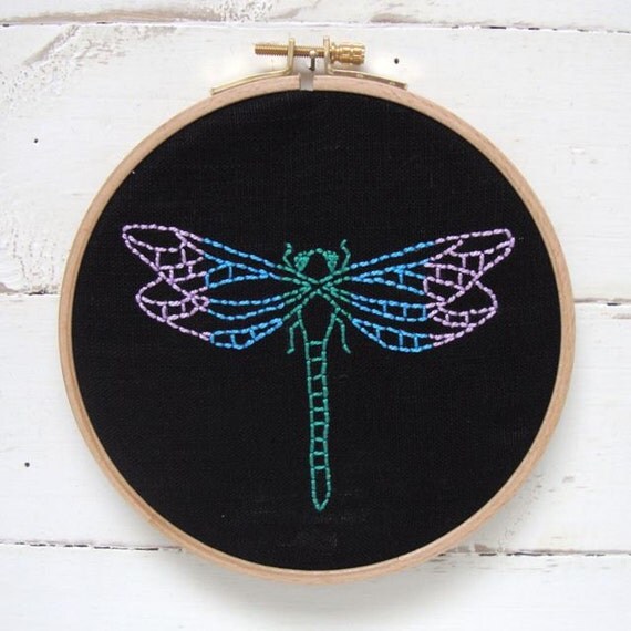 Embroidery Kit Dragonfly in shades of peacock by iHeartStitchArt