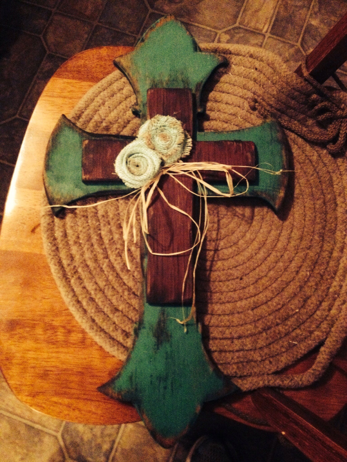 Shabby Chic Wooden Cross with Burlap Rosettes by AuChantae on Etsy