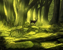 ... Digital Art, Photoshop Painting, Deer, Forest, Green, Woods, Landscape