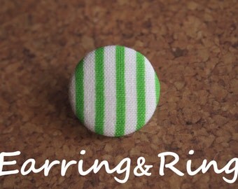 Green and white striped fabric covered button earrings, fabric covered button clip on earrings, fabric covered button ring