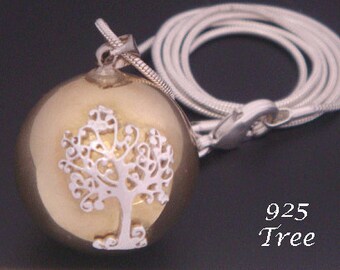 Chiming Tree of Life Necklace with a 925 Sterling Silver Tree of Life Pendant set on a Highly Polished Brass Chiming Harmony Ball TOLHBP011