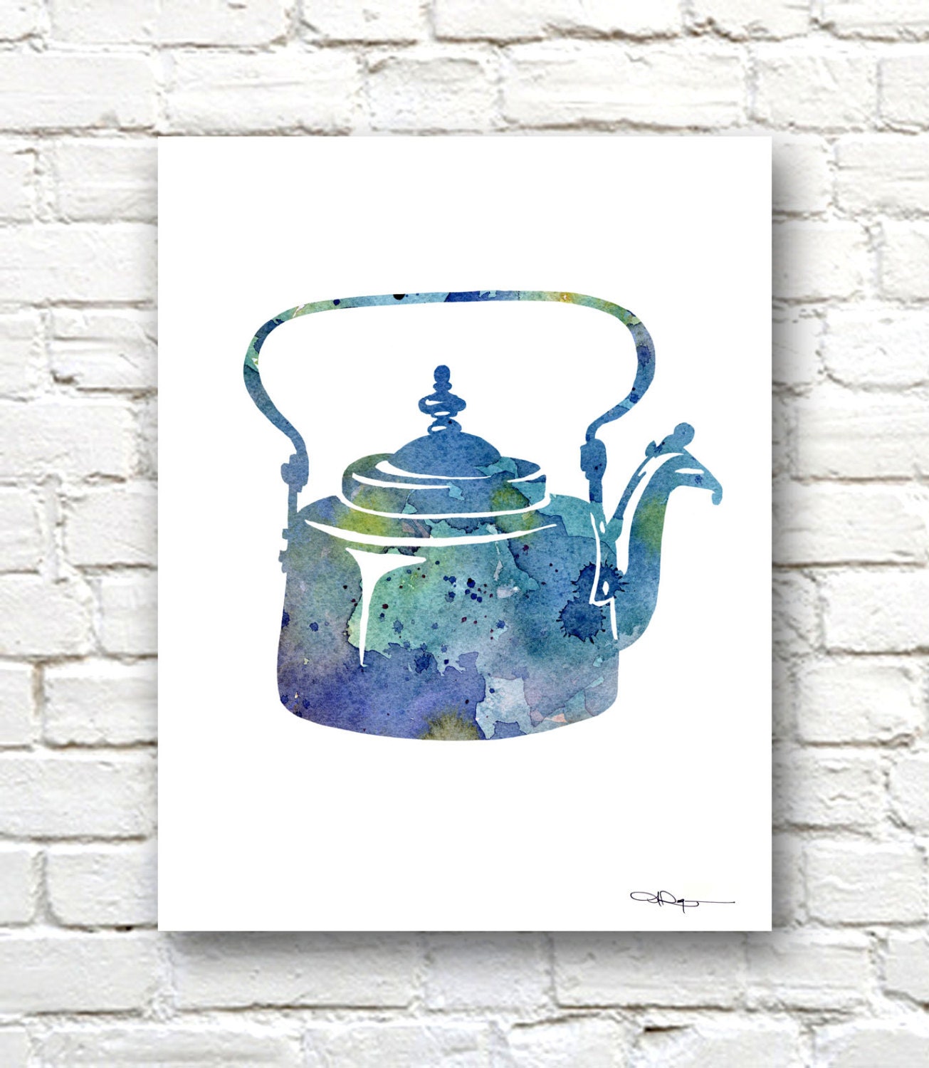 Antique Teapot Art Print Abstract Watercolor Painting Wall