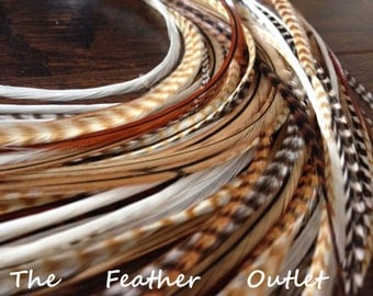 Hair Feathers, 20 Feather Hair Extensions, Real Long Natural Feathers, Brown, White, Plume Cheveux, NAT NB