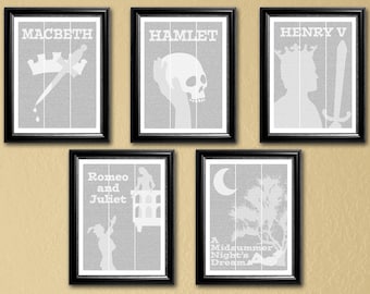 Shakespeare Collection, 5 full-text posters (with titles), 16x20--Macbeth, Hamlet, Henry V, Romeo & Juliet, A Midsummer Night's Dream