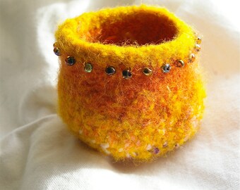 Gold and Orange Felted Beaded Bowl