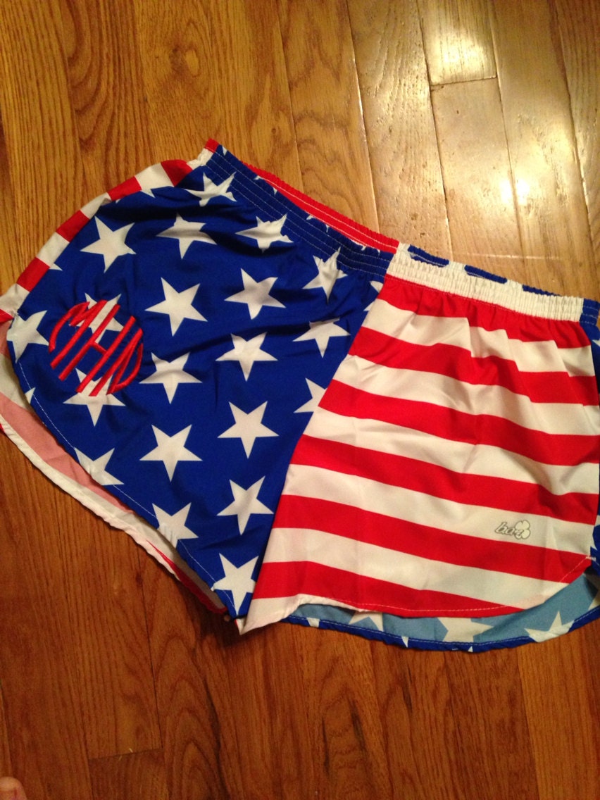 Monogrammed American Flag Running Shorts by TheBarnDoorDesigns