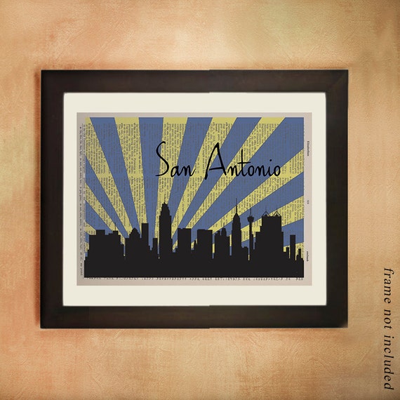 decor San Print san Art  Antonio  Dictionary Skyline Texas antonio Silhouette vintage home Upcycled