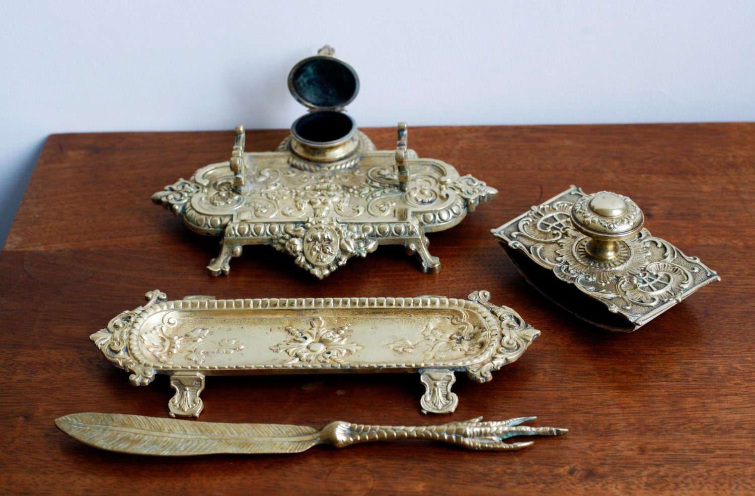 1800s Ornate Bronze Desk Set Inkwell Pen Tray Letter   Il Fullxfull.604121338 9u1t 