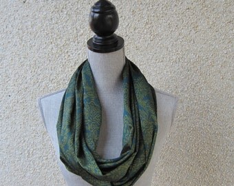 Fabric scarf, Infinity scarf, tube scarf, eternity scarf, loop scarf, long scarf in a green polyester print