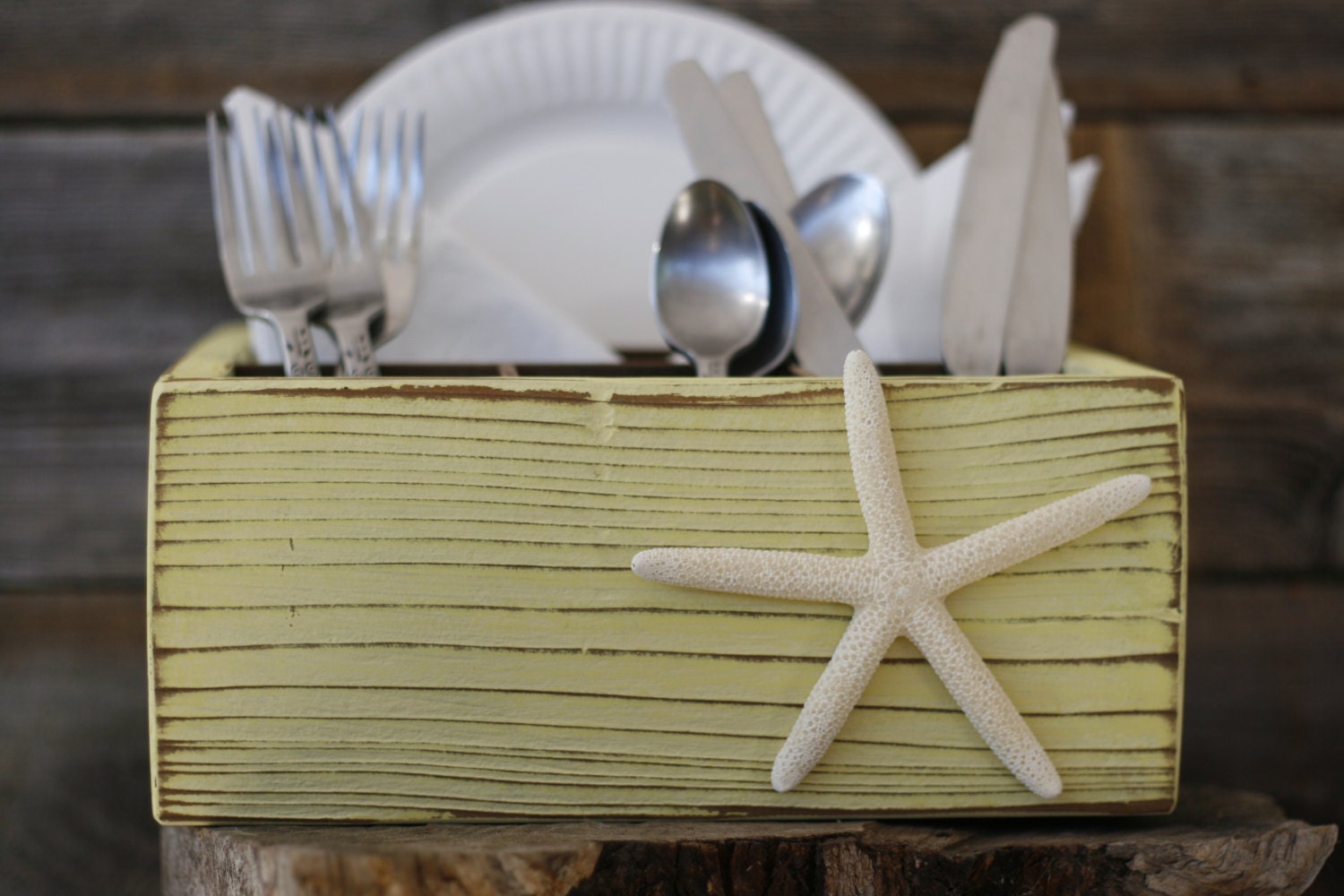 Silverware Napkin Paper Plate Holder Box Handmade Rustic Wood