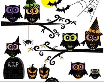 Holloween ClipArt "HALLOWEEN CLIP ART" pack,halloween owl,pumpkin,bat,spider,branch, for invitations, scrapbooking and paper crafts Hlw004