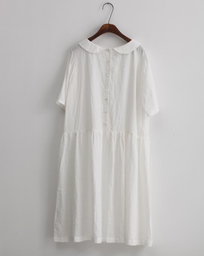 Womens White Linen Dress Thin Short Sleeve Peterpan Collar