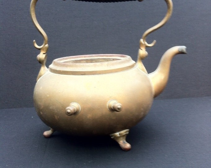 Storewide 25% Off SALE Vintage Distressed Copper Footed Tea Kettle Featuring Matching Copper Handle With Black Handled Grip
