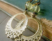 Prehnite Chandelier Earrings on Brass . Vintage Inspired Boho Bohemian Gypsy Earrings . Pale Yellow Green Gemstone