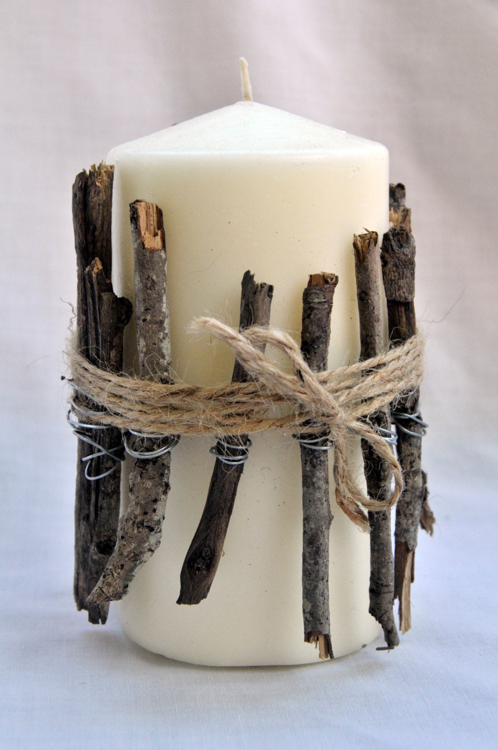 Twig and Twine Wrapped Pillar Candle by AmpedUpLamps on Etsy