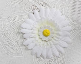 White Daisy Silk Flower Hair Clip with a daisy button center