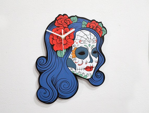 Sugar Skull Catrina Calavera Blue Hair - Wall Clock