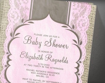 brown vintage linen burlap & lace baby shower invites