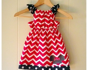 Girls Minnie dress, Minnie Mouse, girls peasant dress, Minnie birthday, baby girl dress, first birthday, girls' clothing, chevron dress
