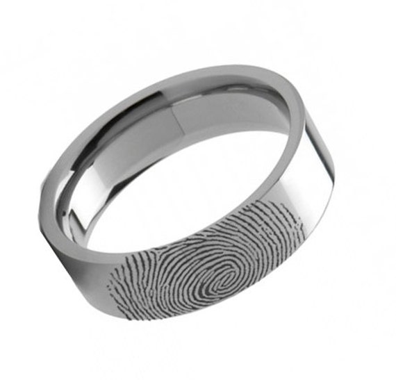 Fingerprint Wedding Band 10k White Gold Engraved Flat Ring Polished ...