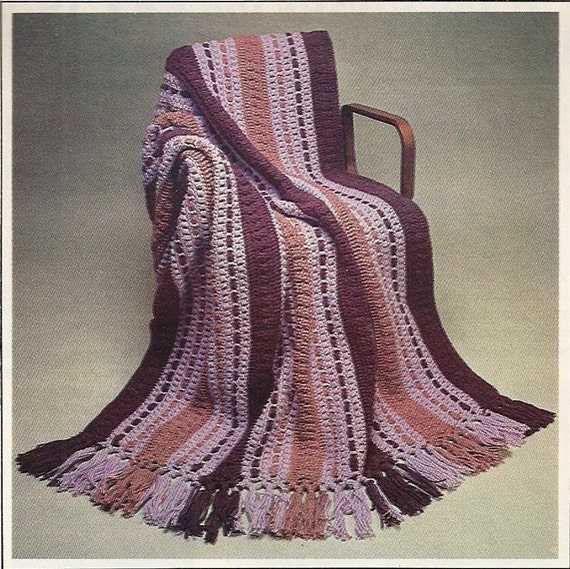 Items similar to Crochet Pattern Striped Afghan With Fringe Home Decor