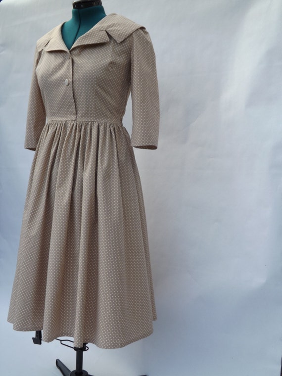 Light Brown 3/4 Sleeve Polka Dot Dress with Full Skirt UK 12