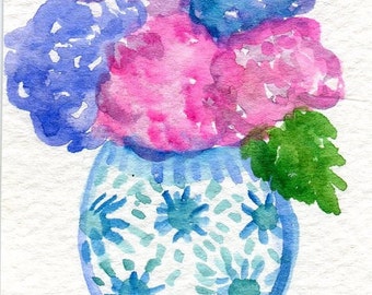 ACEO Hydrangeas original watercolor painting, Blue and White Vase, Small Flower Art Card, hydrangea art, SharonFosterArt