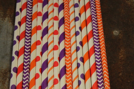 Clemson Party Straws - Set of 25 - purple and orange dots, stripes, chevron Il_570xn
