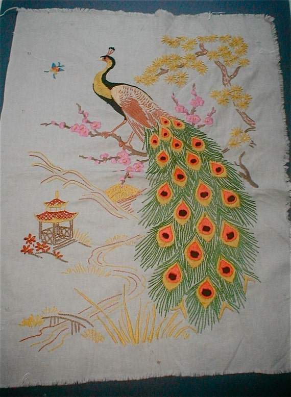 Stunning Peacock Crewel Embroidery Vintage on Muslin Asian