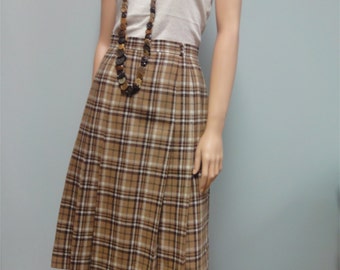 Vintage Camel Tan Plaid Skirt, 70s 80s Tartan Pleated Wool Skirt Waist 25