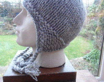 THREE GREYS gray pure wool hat LARGE L knit ear flap toque chullo unique creation by irish granny