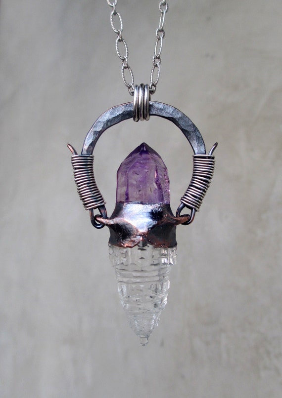 Mount Meru Sri Yantra Quartz Crystal with Amethyst Sacred